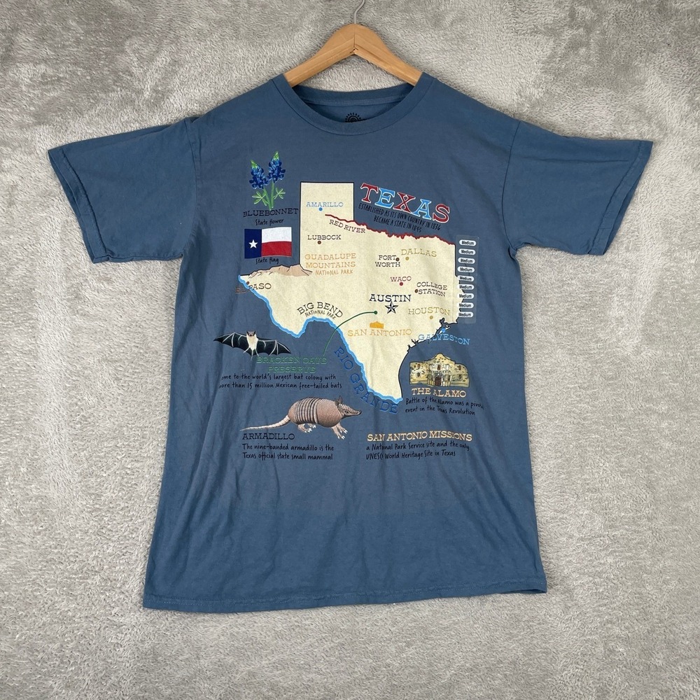 The Mountain Texas Map Shirt Mens Medium Blue Vintage Souvenir Graphic Tee